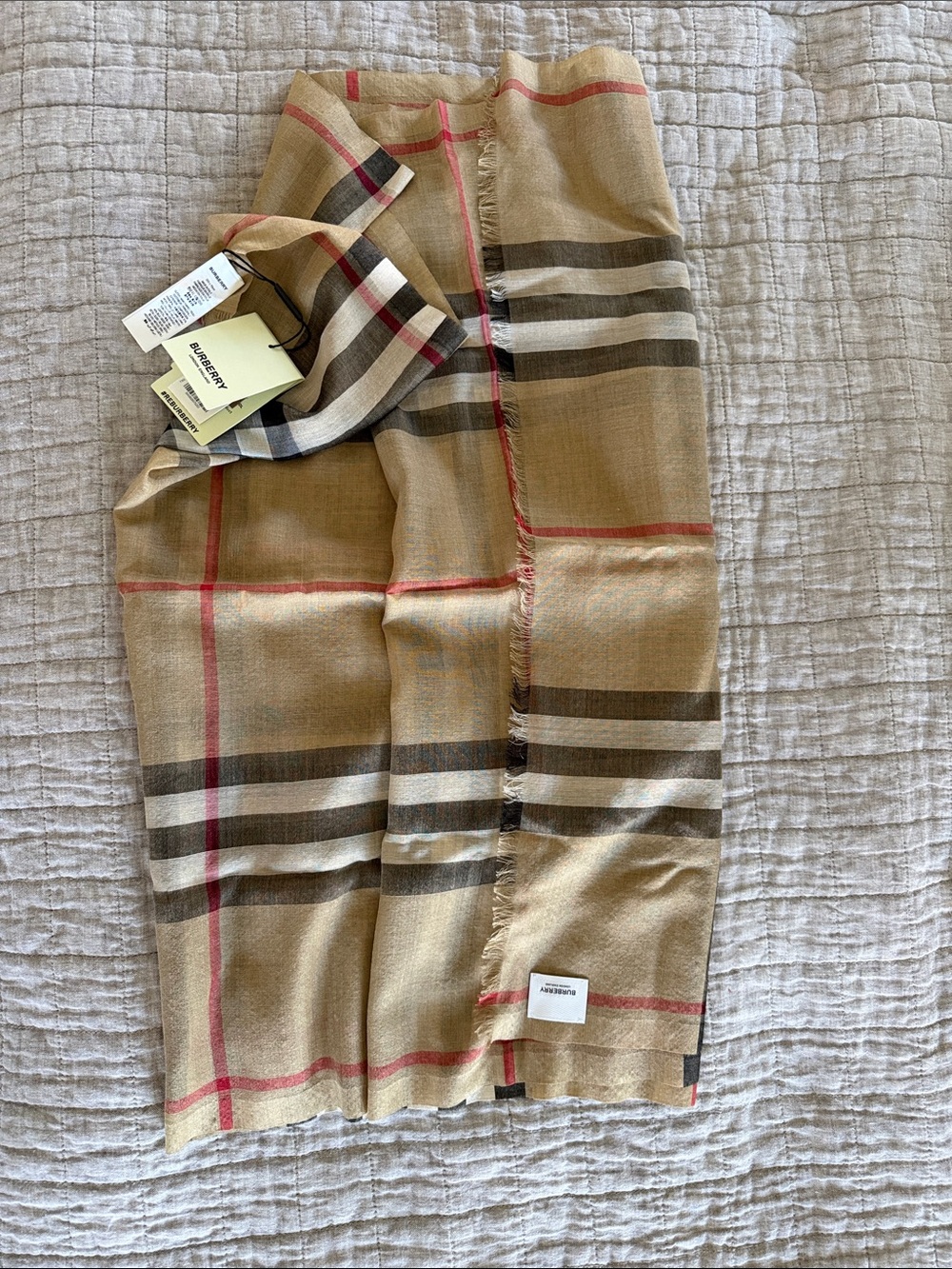 Burberry Beige Check Cashmere Blend Scarf with Red and Black Accents